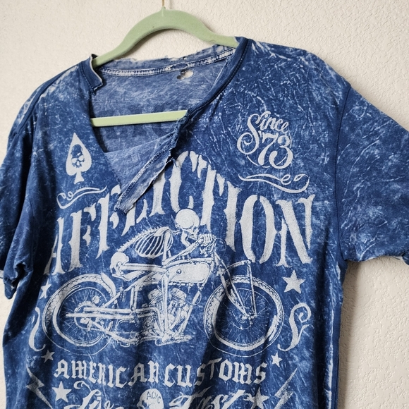AFFLICTION Biker Core Thrashed graphic tee skull 13 motorcycle burnout in blue M - Picture 3 of 5